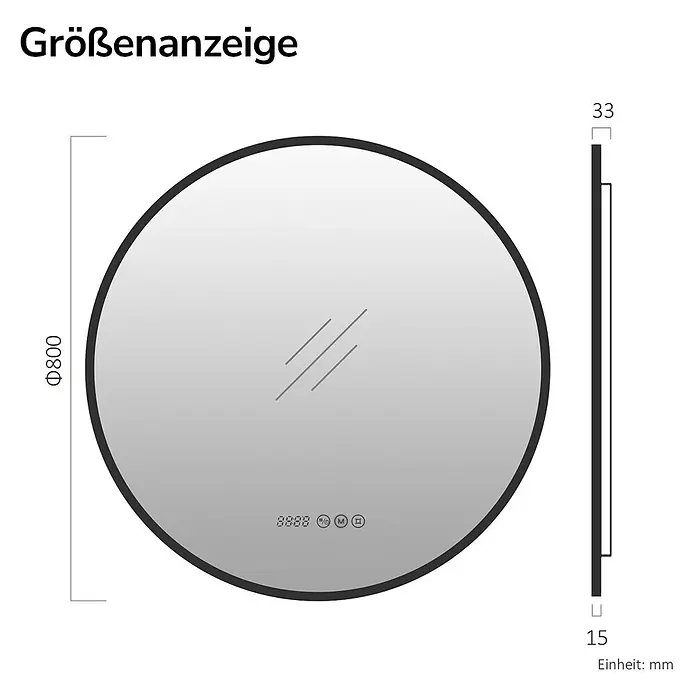 EMKE Lichtspiegel Glowrim OLM09 rund 80x80 cm, Schwarz, dimmbar -  - Runder LED-Spiegel mit schwarzem Rahmen, Maße: 800mm Durchmesser, 33mm Gesamttiefe, 15mm Spiegeltiefe.
