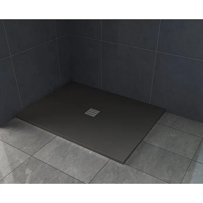 Glasdeals Duschtasse 32 mm SMC STEINLOOK 120 x 80 cm schwarz - 3864 -  - Dunkelgraue Duschwanne mit integriertem Abfluss in gefliester Duschkabine.
