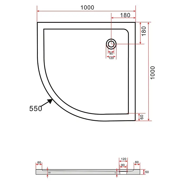 Glasdeals Duschtasse 50 mm Sanitäracryl 100 x 100 cm Viertelkreis - 3918 -  - Technische Zeichnung einer Viertelkreis-Duschwanne, 1000x1000mm, Radius 550mm, mit 90mm Ablauf und Querschnittsansicht.