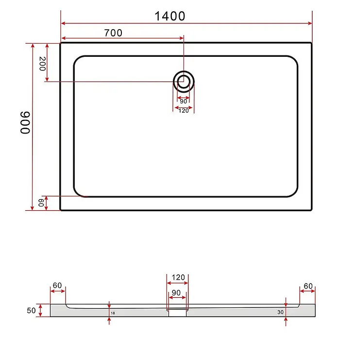 Glasdeals Duschtasse 50 mm Sanitäracryl 140 x 90 cm - 3907 -  - Technische Zeichnung einer rechteckigen Duschwanne, 1400x900x50 mm, mit zentralem Abfluss. Draufsicht und Querschnitt.