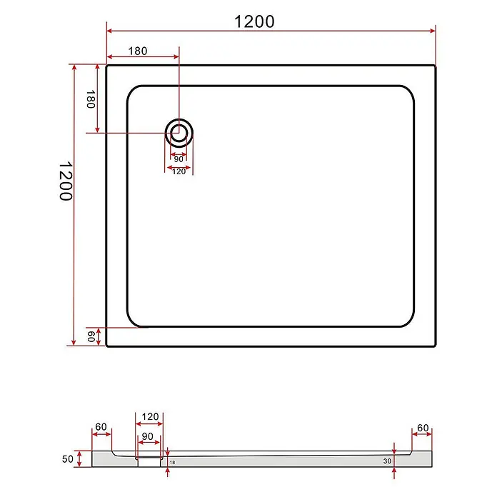 Glasdeals Duschtasse 50 mm Sanitäracryl 120 x 120 cm - 3917 -  - Technische Zeichnung einer rechteckigen Duschwanne mit Draufsicht, Seitenansicht, Gesamtabmessungen und Ablaufdetails.