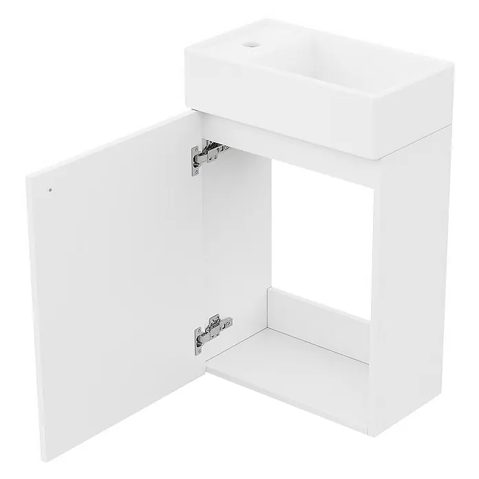 SONNENH Badmöbel-Set, wandhängend mit einer Tür, weiß, 41 cm -  - Weißer wandmontierter Waschtischunterschrank mit integriertem Waschbecken und offener Schranktür.