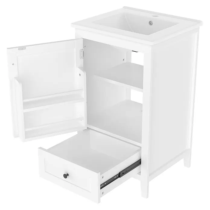 SONNENH Badmöbel-Set mit Türablagen und Schublade, weiß, 51 cm -  - Weißer Badezimmerschrank mit integriertem Waschbecken, offener Tür mit Regalböden und offener Schublade mit Metallauszügen.
