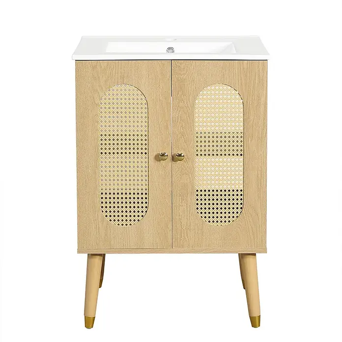 SONNENH Badmöbel-Set mit Rattantüren und Keramikbecken, 61 cm -  - Helles Holz-Badezimmerschrank mit weißem Waschbecken, Rattan-Türeinsätzen und goldenen Griffen.