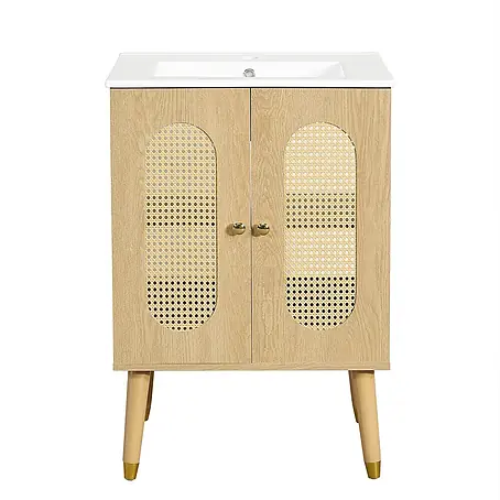 SONNENH Badmöbel-Set mit Rattantüren und Keramikbecken, 61 cm