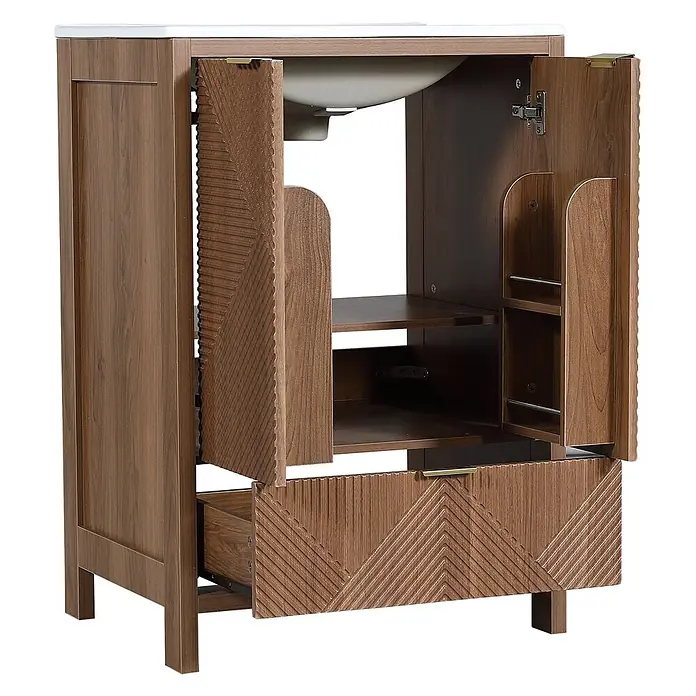 SONNENH Badmöbel-Set mit Keramikbecken, Walnussoptik, 61 cm -  - Brauner Holz-Badezimmerschrank mit weißer Platte und integriertem Waschbecken, geöffnete texturierte Türen, offene Schublade.