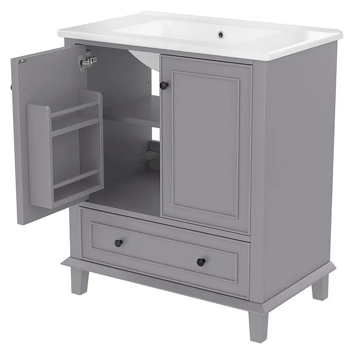 SONNENH Badmöbel-Set, Grau, 76 cm, Keramikbecken und Türablagen -  - Grauer Badunterschrank mit integriertem weißen Waschbecken, offener Tür mit Innenregalen und zwei Schubladen mit schwarzen Knöpfen.