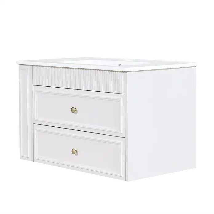 SONNENH Badmöbel-Set, wandhängend mit zwei Schubladen, weiß -  - Weißer Badunterschrank mit integriertem Waschbecken und zwei Schubladen mit goldenen Knöpfen. Die obere Schublade hat eine gerippte Textur.