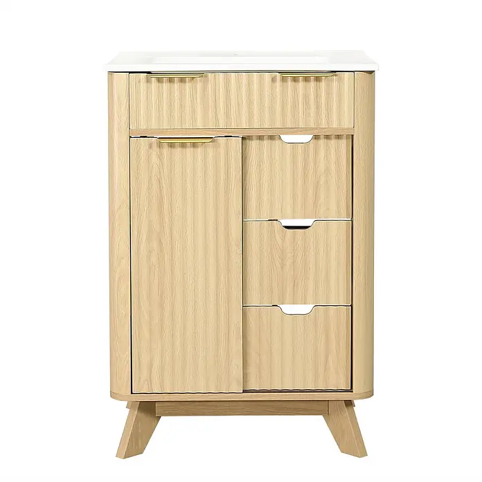 SONNENH Badmöbel-Set mit Keramikbecken, Wellenfront und Schiebetür -  - Heller Holzwaschtisch mit weißer Platte, einer Tür, vier Schubladen mit goldenen und Griffmulden, sowie schrägen Beinen.