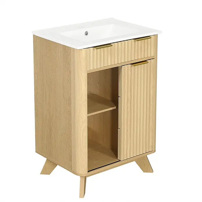 SONNENH Badmöbel-Set mit Keramikbecken, Wellenfront und Schiebetür -  - Helles Eichenholz-Badmöbel mit weißem Waschbecken, goldenen Griffen, offenem Regal und geriffelter Schiebetür.