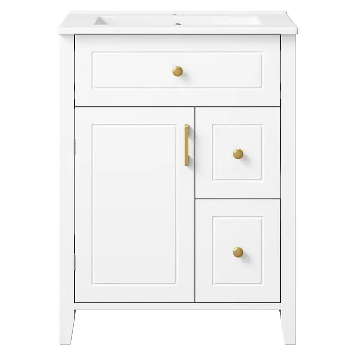 SONNENH Badmöbel-Set 61 cm mit Klappfach und zwei Schubladen, Weiß -  - Weißer Badezimmerschrank mit integriertem Waschbecken, goldenen Griffen, einer Tür und drei Schubladen.