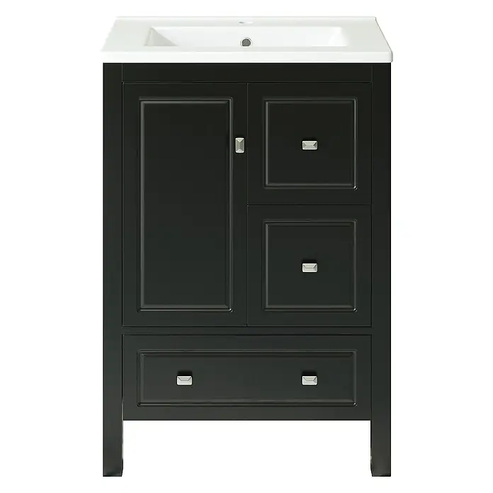 SONNENH Badmöbel-Set mit Keramikbecken und drei Schubladen, schwarz -  - Dunkelgrauer Badschrank mit weißem Waschbecken, einer Schranktür und drei Schubladen mit silbernen Knöpfen.