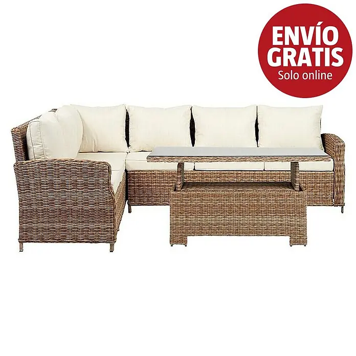 Set de muebles de jardín Sofá esquinero + mesa Gotland - 2 pzs., Aluminio/Ratán sintético, Beige - Conjunto de sofá de jardín esquinero de mimbre marrón con cojines crema y mesa de centro a juego con tapa de cristal.