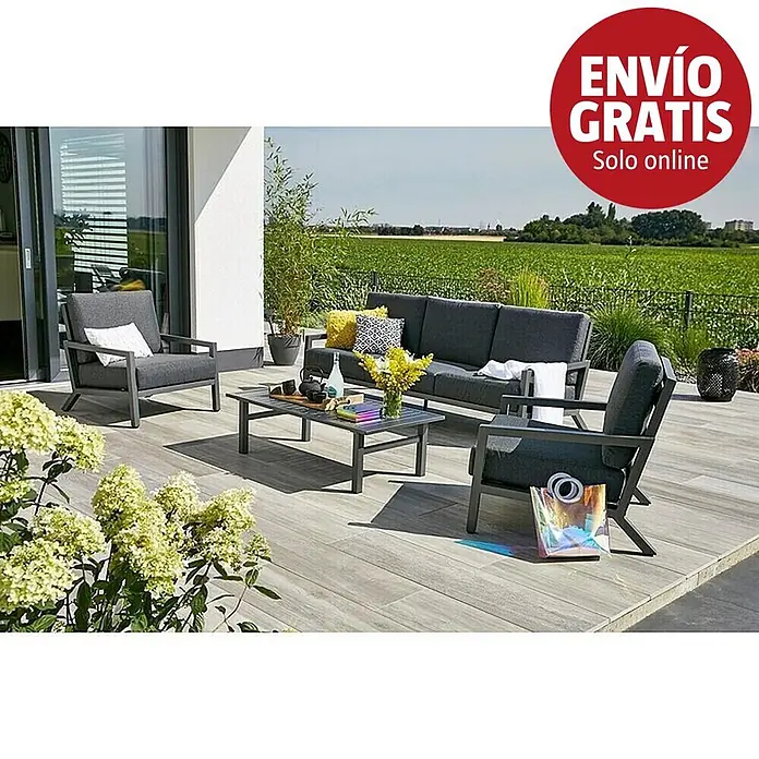 Sunfun Maja Conjunto de muebles - 4 pzs., Poliéster/Aluminio, Antracita - Conjunto de muebles de exterior gris oscuro con sofá de tres plazas, dos sillones y mesa de centro en un patio.