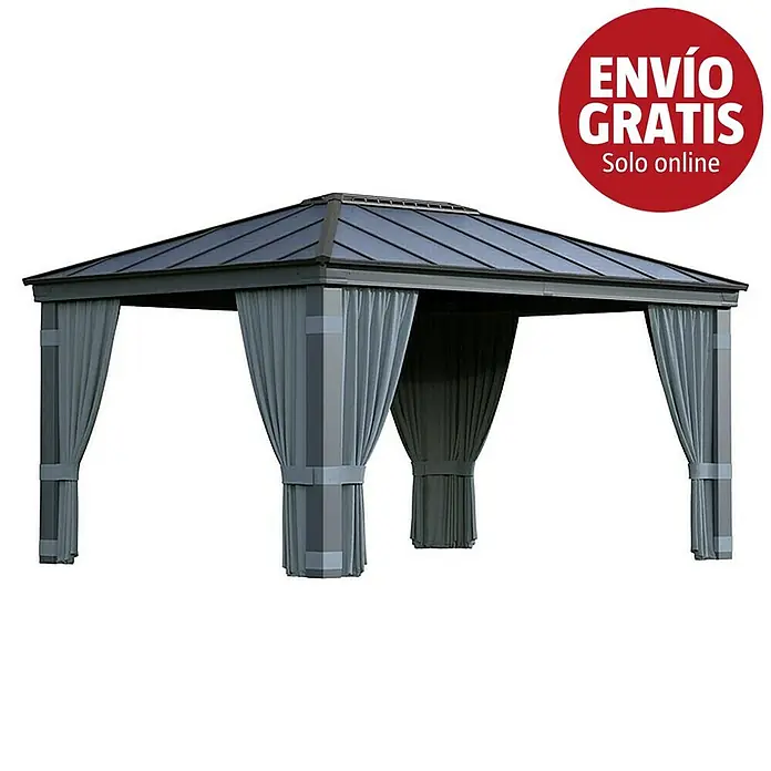 Palram – Canopia Pérgola estándar con cortinas Dallas - An x Pr: 360 x 500 cm, Material del armazón: Aluminio, Antracita - Cenador gris oscuro con techo y cortinas gris claro recogidas, ofreciendo refugio y privacidad al aire libre.