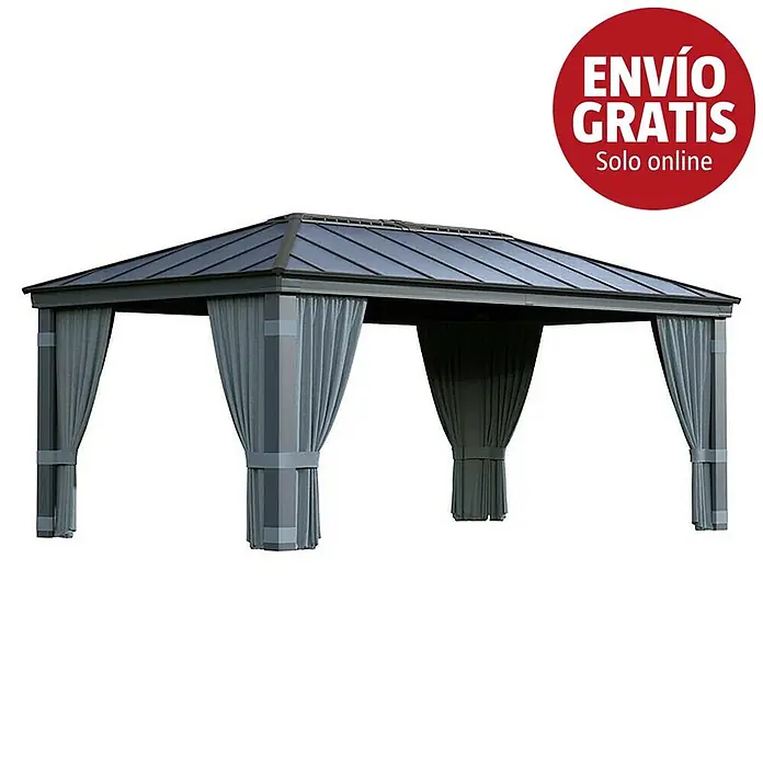 Palram – Canopia Pérgola estándar con cortinas Dallas - An x Pr: 360 x 600 cm, Material del armazón: Aluminio, Antracita - Gazebo gris oscuro con techo inclinado y cortinas laterales.