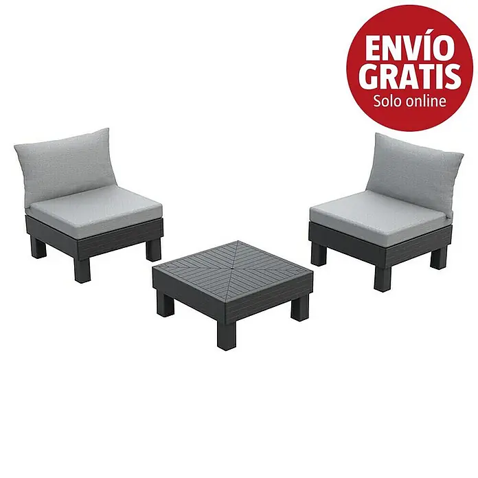 Keter Conjunto de muebles Elements - Número de personas máx.: 2, 3 pzs., Polipropileno, Negro/Gris - Conjunto de muebles de exterior con dos sillas sin reposabrazos gris oscuro, cojines gris claro y una mesa de centro cuadrada a juego.
