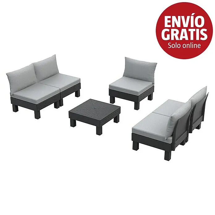 Keter Conjunto de muebles Elements II - Número de personas máx.: 5, 1 pzs., Polipropileno, Negro/Gris - Set de salón de exterior gris con marcos oscuros: un sofá de dos plazas, dos sillones sin brazos y una mesa de centro cuadrada.