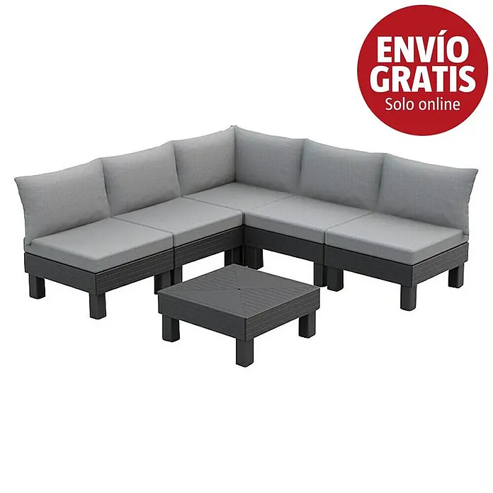 Keter Conjunto de muebles Elements - Número de personas máx.: 6, 7 pzs., Polipropileno, Negro/Gris - Sofá esquinero de exterior gris oscuro con cojines gris claro y mesa de centro a juego, de material resistente.