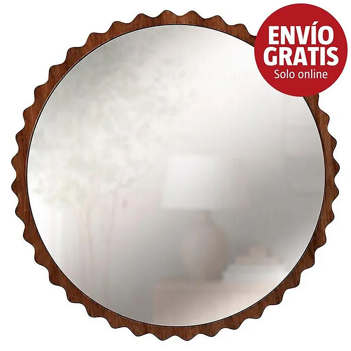 Espejo de pared Orbital - Diámetro: 80 cm, Nogal - Espejo redondo con marco ondulado de madera oscura.