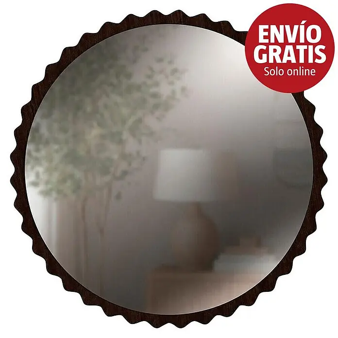 Espejo de pared Orbital - Diámetro: 70 cm, Tabaco - Espejo redondo con marco de madera oscuro y ondulado, que refleja una escena interior borrosa.
