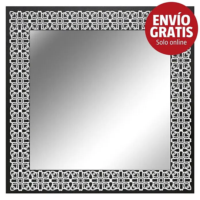 Espejo de pared Damasco - 70 x 70 cm, Negro/Plateado - Espejo cuadrado con marco negro y patrón geométrico blanco intrincado.