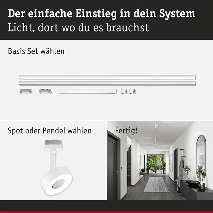 Paulmann URail Basis-Set - Signalweiß, Länge: 2,3 m, Metall - Modulares Schienensystem-Beleuchtung mit Komponenten und installiertem System in einem Flur.