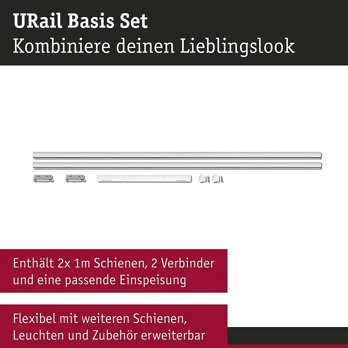Paulmann URail Basis-Set - Signalweiß, Länge: 2,3 m, Metall - URail Basis Set mit 2x 1m Schienen, 2 Verbindern und Einspeisung in Weiß/Silber.