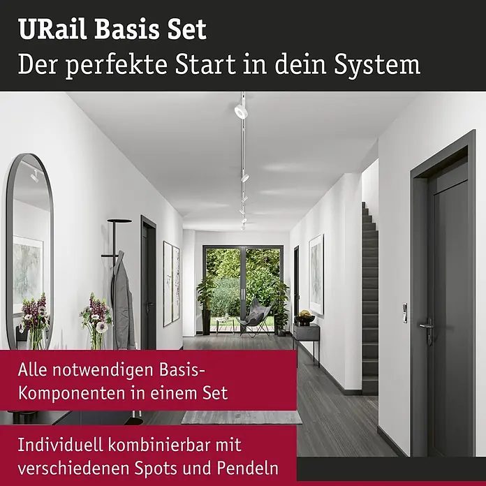 Paulmann URail Basis-Set - Signalweiß, Länge: 2,3 m, Metall - URail Schienensystem mit weißen Strahlern in modernem Flur.