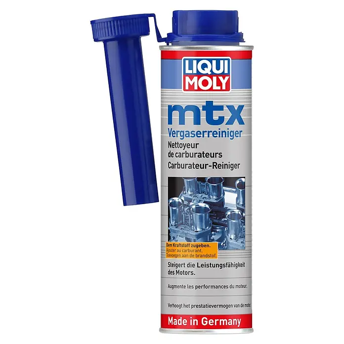 Liqui Moly Vergaserreiniger MTX - 300 ml - Blaue LIQUI MOLY mtx Vergaserreiniger Dose mit angebrachtem Ausgießer.