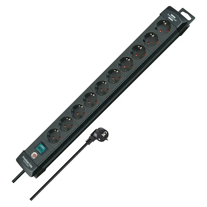 Brennenstuhl Premium-Line Steckdosenleiste - 10-fach, Schwarz, Kabellänge: 3 m, Mit Schalter - Schwarze brennenstuhl Premium-Line 10-fach Steckdosenleiste mit Schalter und angeschlossenem Stecker.