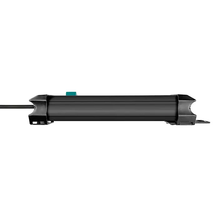 Brennenstuhl Premium-Line Steckdosenleiste - Schwarz, Kabellänge: 1,8 m, Mit Schalter - Dunkelgraue, längliche LED-Lichtleiste mit Halterungen und einem türkisen Knopf oben, ein Kabel ragt links heraus.