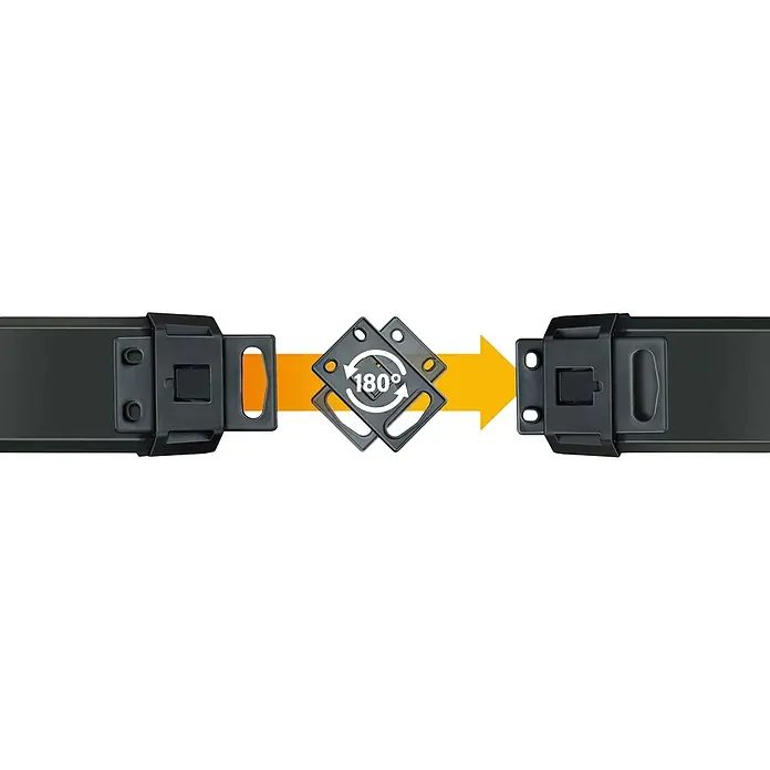 Brennenstuhl Premium-Line Steckdosenleiste - 10-fach, Schwarz, Kabellänge: 3 m, Mit Schalter - Schwarze Sicherheitsgurtschnallen, die eine 180-Grad-Drehfunktion mit einem orangefarbenen Pfeil darstellen.