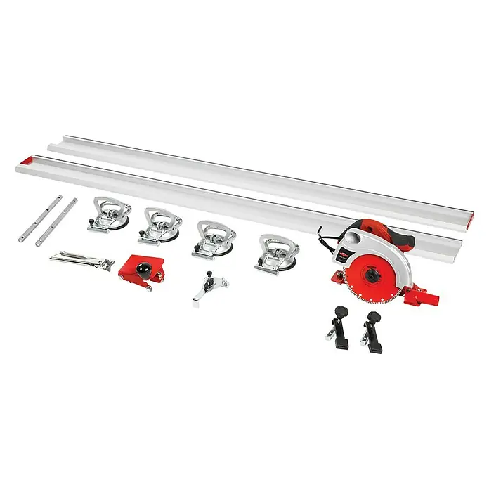 Heka Elektro-Fliesenschneider Thin-Cut 3000 - 1.500 W, Schnitttiefe bei 90 °: 12 mm - Bild eines Track Saw Systems mit Schienen, Saughebern und Zubehör. Das Set enthält alles für präzise Schnitte und sichere Werkstückfixierung.