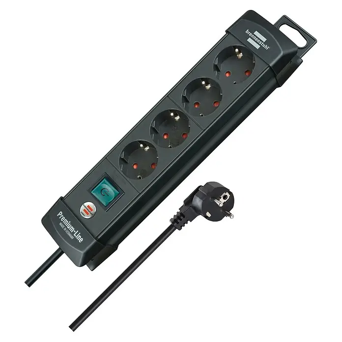 Brennenstuhl Premium-Line Steckdosenleiste - Schwarz, Kabellänge: 1,8 m, Mit Schalter - Dunkelgraue Brennenstuhl Premium-Line 4-fach Steckdosenleiste mit Schalter und separatem Stecker.