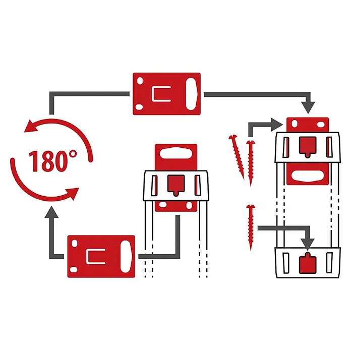 Brennenstuhl Premium-Line Steckdosenleiste - 8-fach, Kabellänge: 3 m - Diagramm: Montageanleitung für rote Befestigungswinkel. Zeigt Winkel, Schrauben, 180°-Drehung und Einbau in ein Profil.