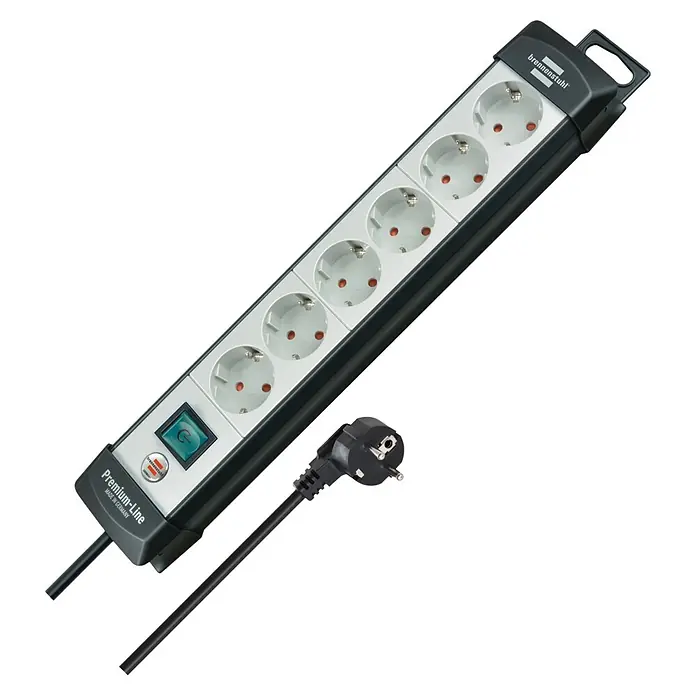 Brennenstuhl Premium-Line Steckdosenleiste - 6-fach, Schwarz/Grau, Kabellänge: 5 m, Mit Schalter - Schwarze brennenstuhl 6-fach Steckdosenleiste mit Schutzkontakt-Steckdosen, Schalter und Winkelstecker.