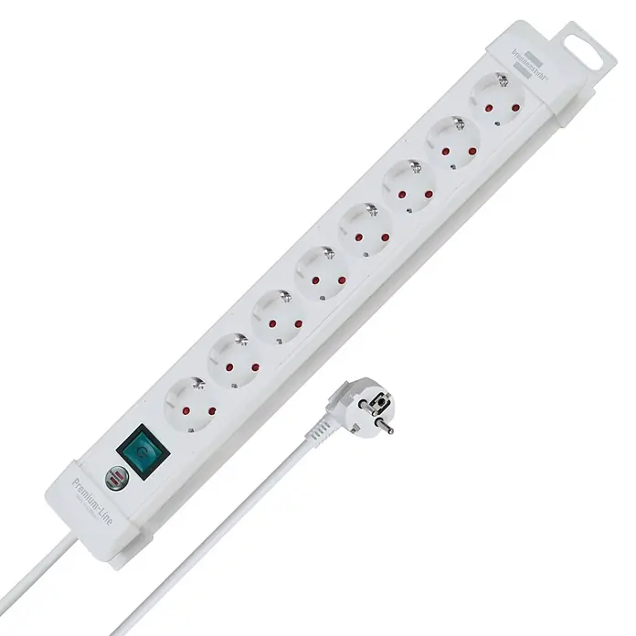 Brennenstuhl Premium-Line Steckdosenleiste - 8-fach, Kabellänge: 3 m - Weiße Brennenstuhl Premium-Line Steckdosenleiste mit 8 Schutzkontakt-Steckdosen und beleuchtetem Ein-/Ausschalter sowie einem Schuko-Stecker.