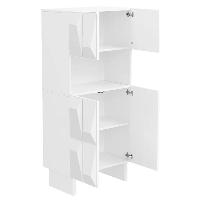 SONNENH Mehrzweckschrank 60,5 x 34 x 135,5 cm, Weiß -  - Weißer Schrank mit geometrischen Türen, mehreren Regalen und geöffneten Türen.