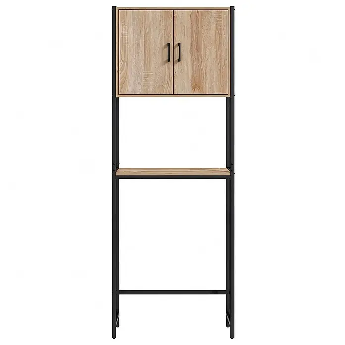 SONNENH WC-Schrank 64 x 19 x 178 cm, Eichenoptik/Schwarz -  - Hohes Regal mit hellem Holzschrank, zwei Türen mit schwarzen Griffen und einem offenen Fach, auf schwarzem Metallrahmen.