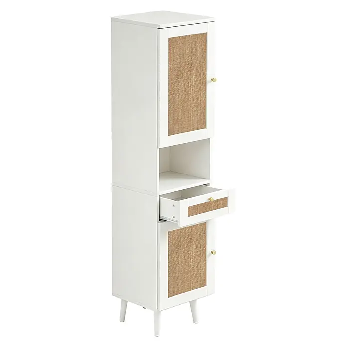SONNENH Hochschrank 40 x 30 x 166 cm, Weiß -  - Weißer hoher Schrank mit Rattan-Türen, offenem Fach und ausgezogener Schublade mit goldenen Knöpfen, auf konischen Beinen.