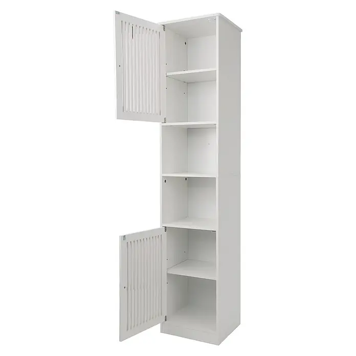 SONNENH Hochschrank 36 x 30 x 163 cm, Weiß -  - Weißer Holzschrank mit mehreren offenen Fächern und zwei geöffneten Lamellentüren.