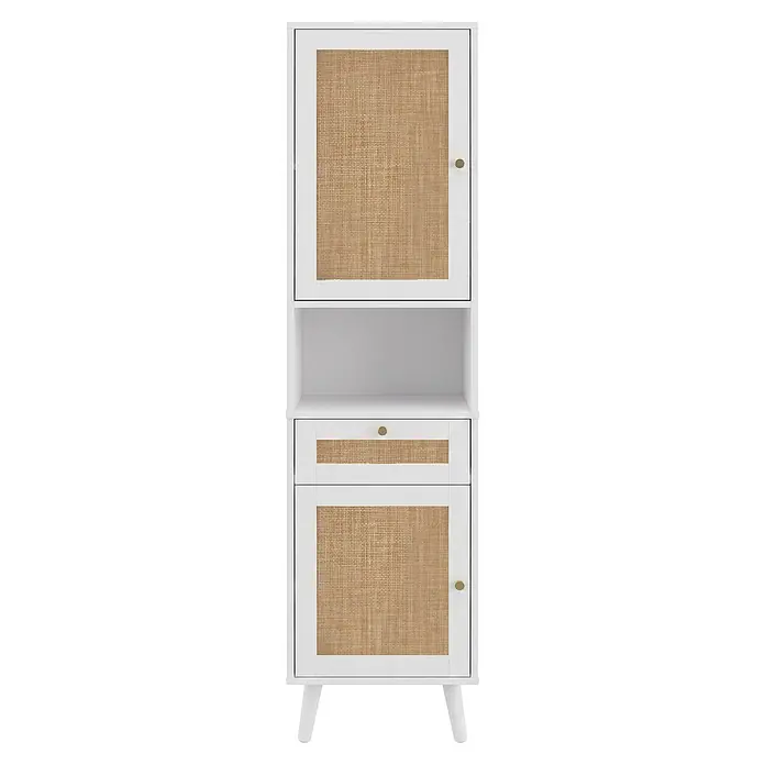 SONNENH Hochschrank 40 x 30 x 166 cm, Weiß -  - Weißer Schrank mit Naturrattaneinsätzen an oberen und unteren Türen und einer Schublade, offenes Fach und goldene Knöpfe.