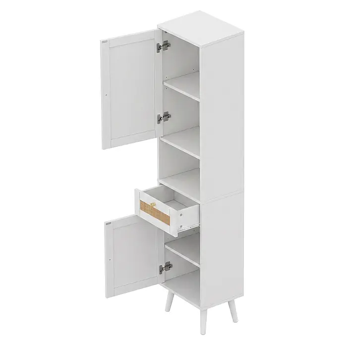 SONNENH Hochschrank 40 x 30 x 166 cm, Weiß -  - Weißer Schrank mit zwei geöffneten Türen, Regalböden und einer offenen Schublade mit Rattanfront und Goldknopf, auf konischen Beinen.