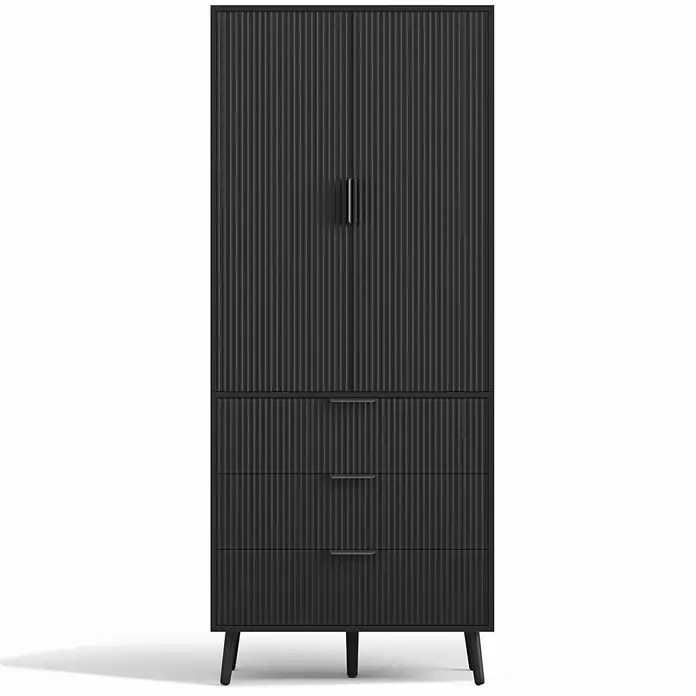 SONNENH Mehrzweckschrank 75 x 35 x 180 cm, Schwarz -  - Hoher schwarzer Schrank mit gerippter Textur, zwei Türen und drei unteren Schubladen, auf konischen Beinen.