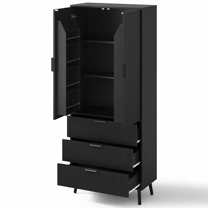 SONNENH Mehrzweckschrank 75 x 35 x 180 cm, Schwarz -  - Schwarzer Stauraumschrank mit offenen geriffelten Türen und Schubladen, der Innenfächer und Stauraum zeigt, auf konischen Beinen.