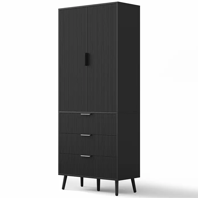 SONNENH Mehrzweckschrank 75 x 35 x 180 cm, Schwarz -  - Schwarzer, geriffelter Hochschrank mit einer Tür und drei Schubladen auf Beinen.