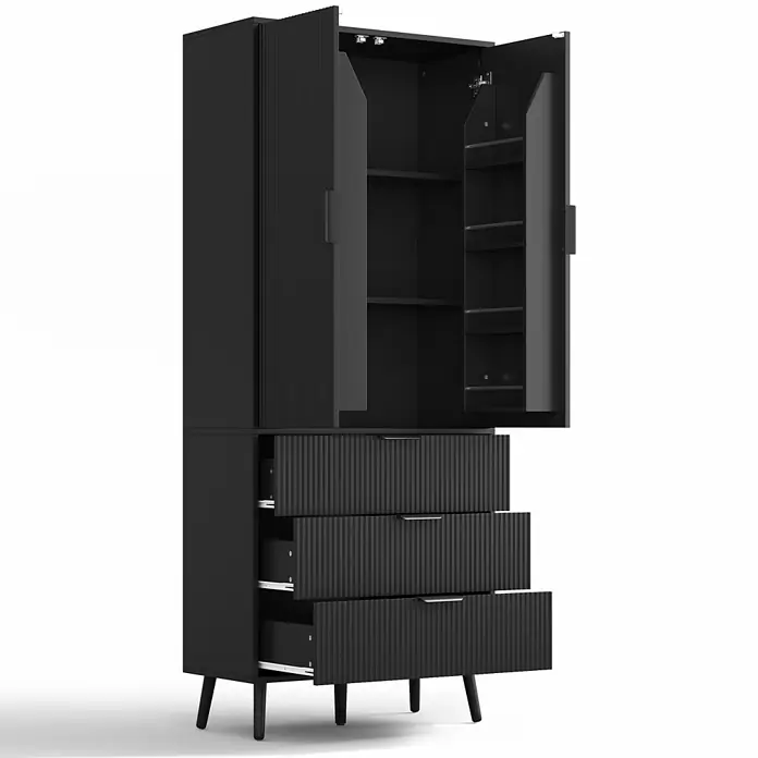SONNENH Mehrzweckschrank 75 x 35 x 180 cm, Schwarz -  - Schwarzer Hochschrank mit geriffelten Türen und drei Schubladen, eine offen, auf konischen Beinen. Obere Türen geöffnet zeigen Regale und Lichter.