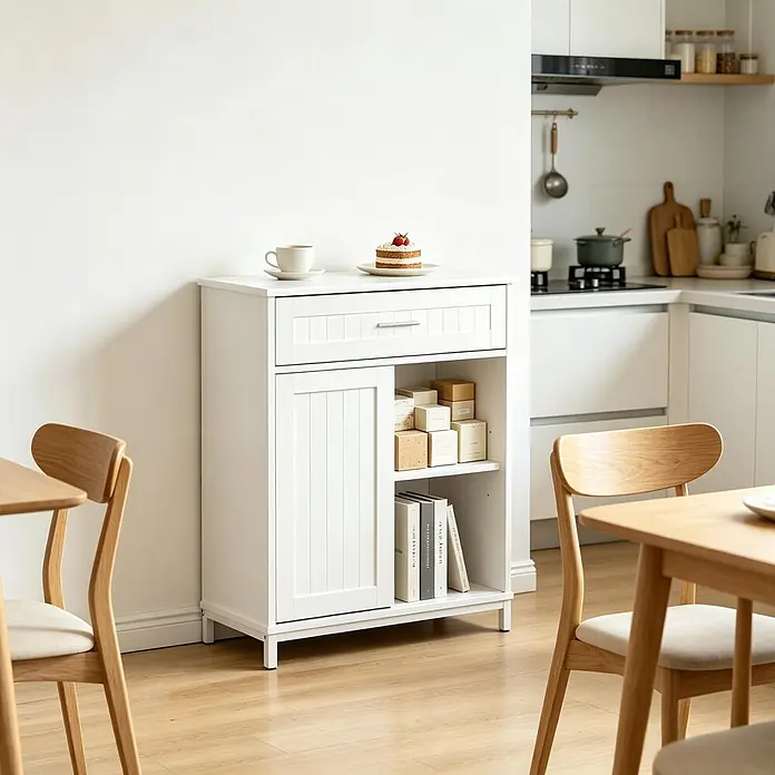 SONNENH Aufbewahrungsschrank 70 x 30 x 80,2 cm, Weiß -  - Weißer Holzschrank mit Schublade und Schiebetür, zur Aufbewahrung im Essbereich neben einer modernen Küche.