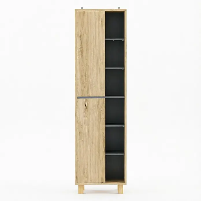 SONNENH Hochschrank 40 x 24 x 148 cm, Natur -  - Hoher heller Holzschrank mit Schiebetüren, dunkelgrauen Innenböden und kleinen Holzbeinen.